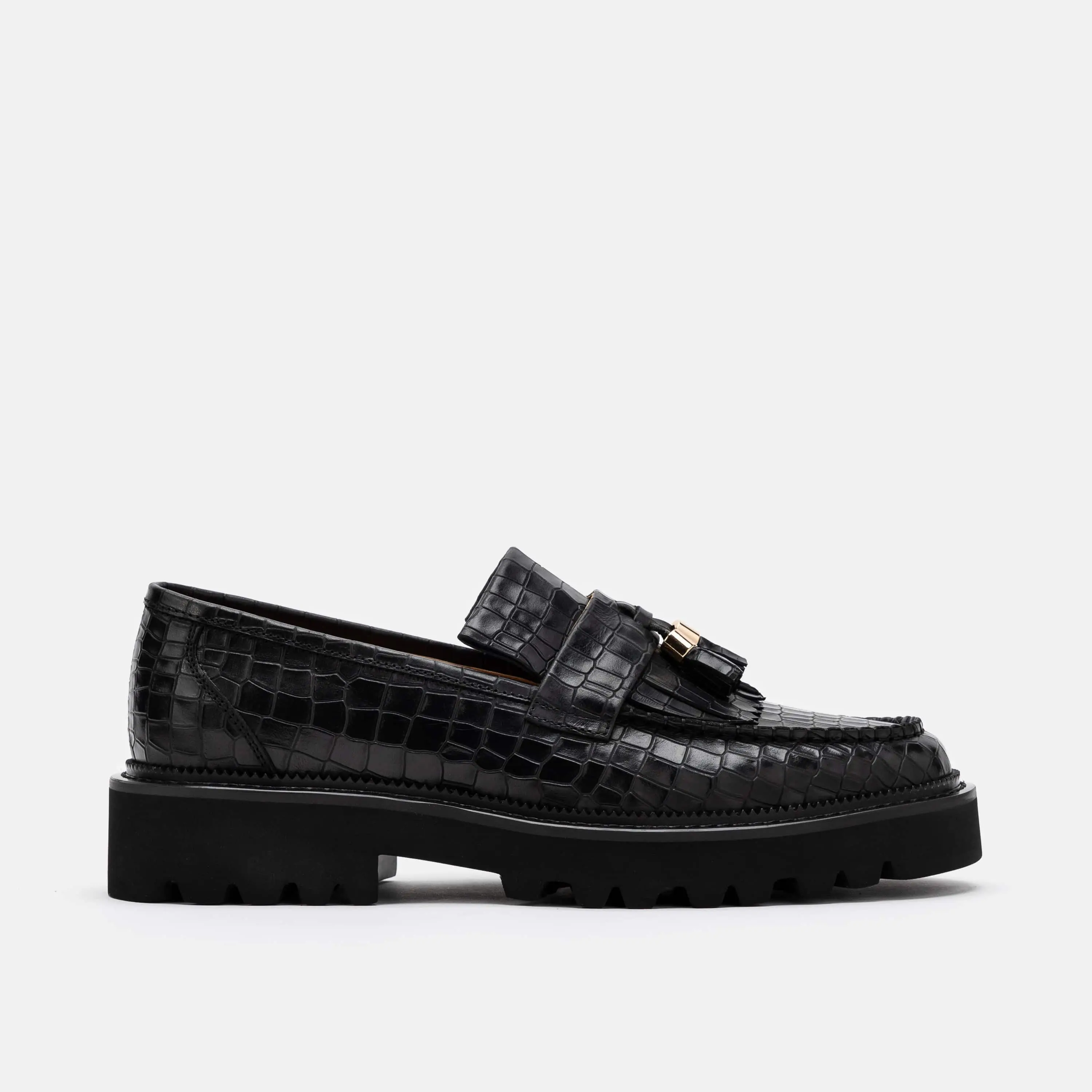 Journey Black Croc Leather Lug Tassel Loafer Journey Black Croc Leather Lug Tassel Loafer