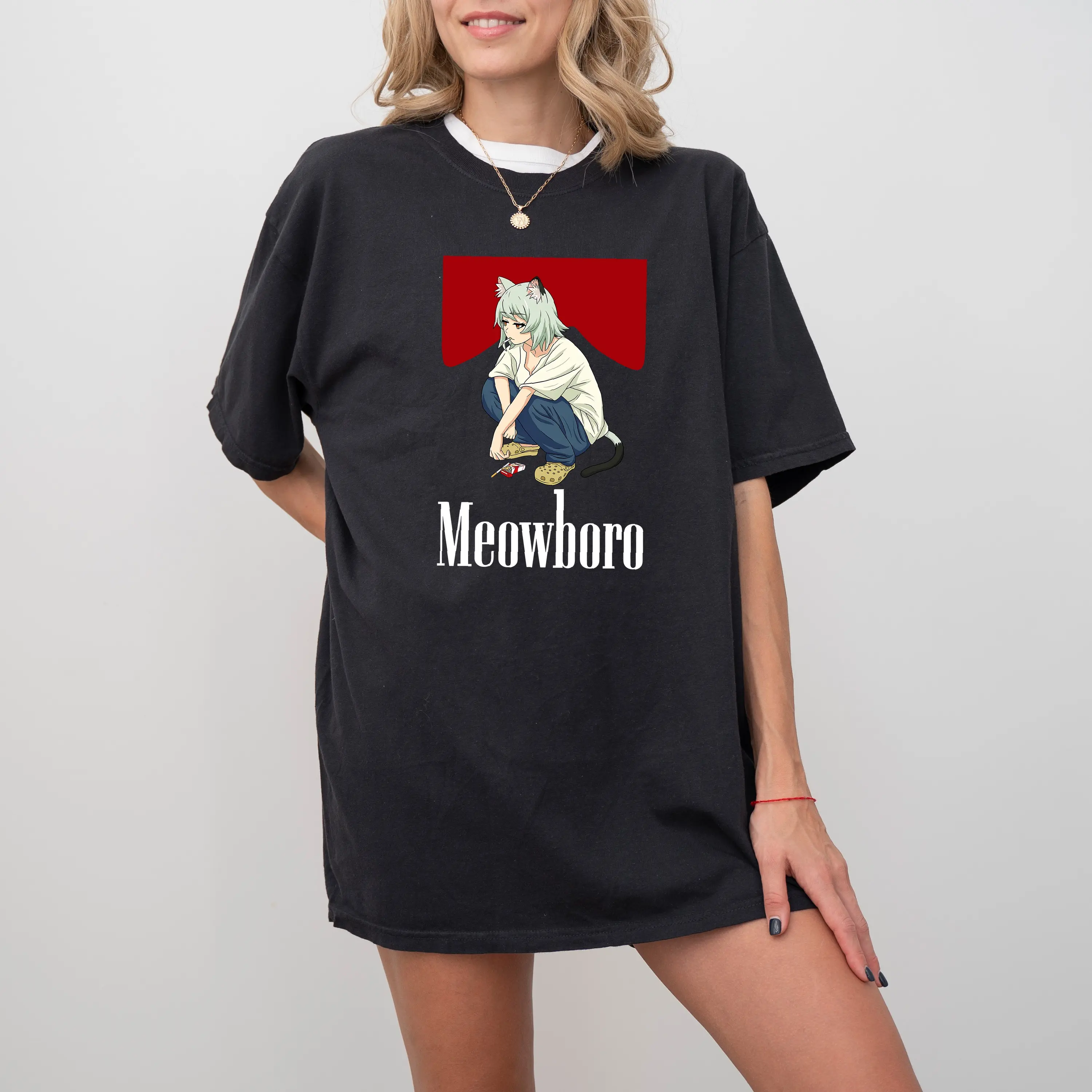 Meowboro Cat Shirt, Funny Anime Catgirl Parody Tee, Retro Red Graphic Top, Oversized Meme Lover Gift 2026