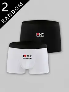 Men's Comfortable Thin Briefs, Casual Fitted Underwear, I Love My Girlfriend Print, Random 2 Pack, All Seasons