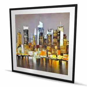 212 MAIN Textured Cityscape Framed Wall Artwork - 48x48 in. Brown Night Skyscrapers Print, Light Shadows, Matted Frame Artistic Photo for Home, Room Decor