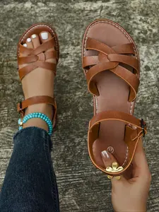 Women's Vintage Cross Strap Sandals, Soft PU Leather, Buckle Adjustable, Comfortable Spring Summer Commute Vacation Shoes