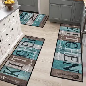 3-Piece Farm Wood Grain Bohemian Style Set, Washable Non-Slip Area Mats for Kitchen, Laundry, Hallway Decor, Boho Kitchen Rug