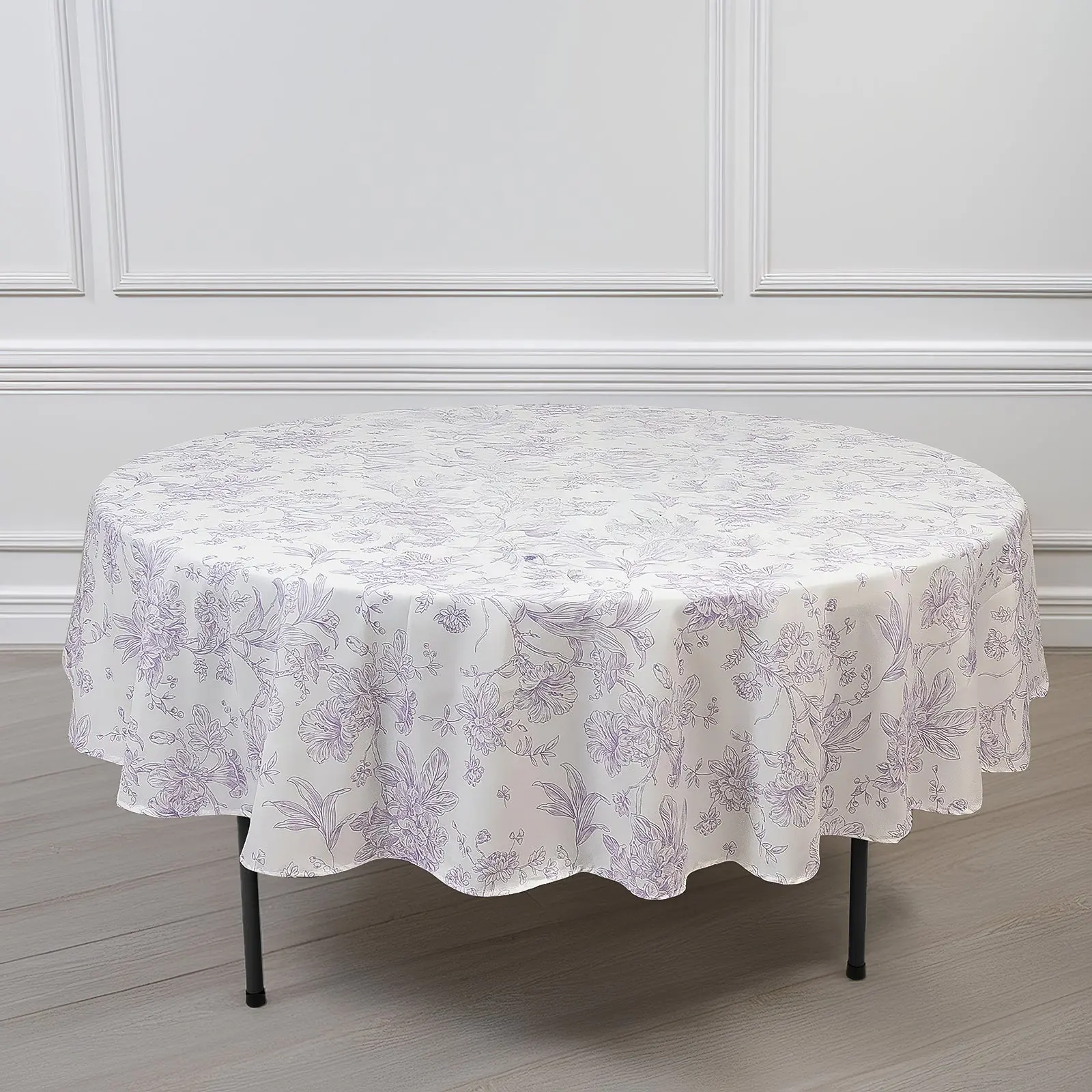 Polyester Round Tablecloth 90" White with Lavender Lilac French Toile Pattern - Sophisticated Table Cover for Chic Weddings & Events