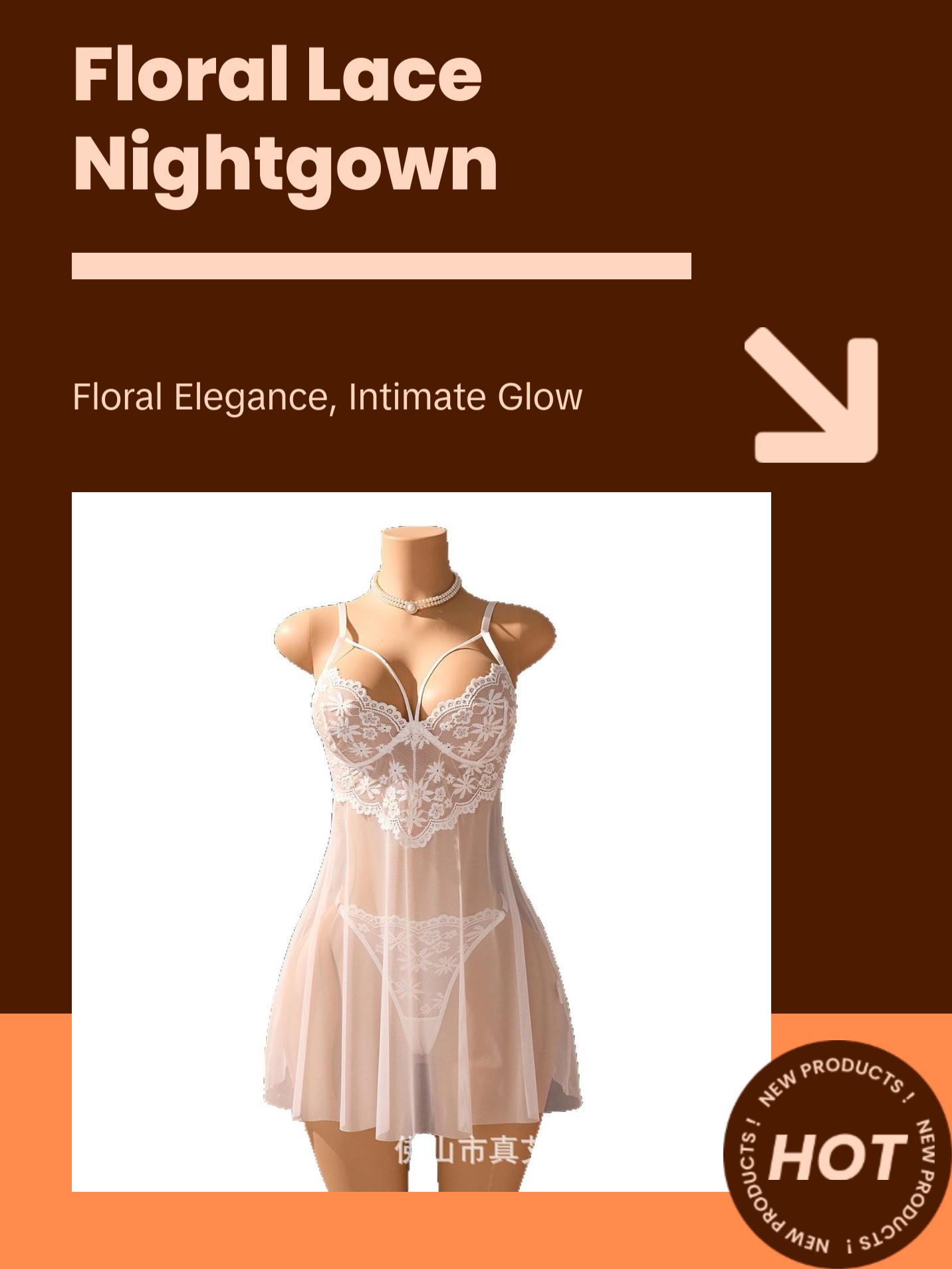 Women's Floral Lace 2-Piece Chemise Set - Sleeveless Thin Spaghetti Straps, Sweetheart Plunge V-Neck, Built-In Cups, Chiffon Rayon A-Line Silhouette Sheer Skirt, High-Cut Thong Panty - Honeymoon Intimate Loungewear Nightwear, Hand Wash Only