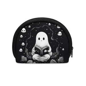 Cute Ghost Spooky Mini Coin Storage Bag Waterproof Dirt Resistant Fleece Black Elastic Cloth Zipper Pouch Halloween Trend Print Multi Purpose Small Wallet for Coins Keys Cards Teens Daily Travel Party Holiday Pet Casual Use outdoorfun
