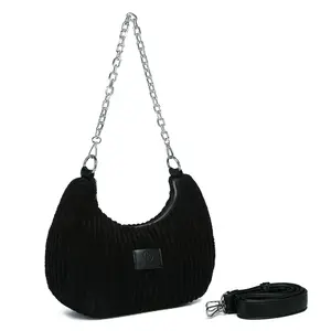 Eslcorri Women's Cute Corduroy Hobo Shoulder Bag - Small Crescent Crossbody Bag with Chain, Leather Strap, 2-Way Wear for Evening Use