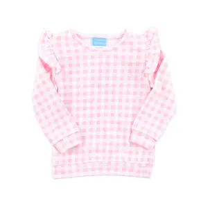 Pink Gingham Ruffle Sweatshirt - Soft Girls Long Sleeve Top with Ruffle Trim Pink Gingham Ruffle Sweatshirt - Soft Girls Long Sleeve Top with Ruffle Trim