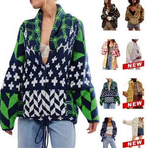 WoodBerry Women's Sweater Cardigans Long Sleeve Drop Shoulder Chunky Knit Plaid Shawl Collar Coats Y2k Oversized Geometric Checkered Print Knitwear