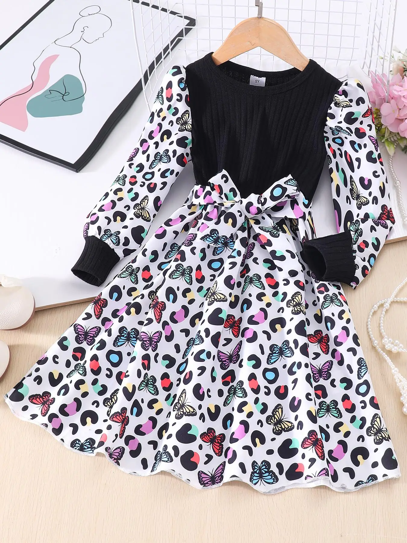 Girl's Butterfly Print Bow Front Belted Dress, Cute Bishop Sleeve A Line Dress for Party Holiday Wedding Guest, Kids Fall & Winter Clothes