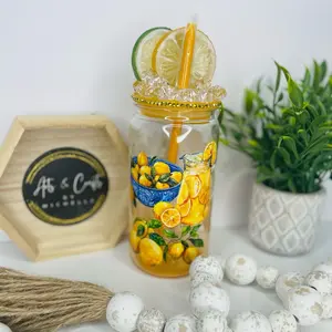 Lemons Theme Plastic Cup with Lemon Design and Gold Rim Decorative Accents/includes Straw