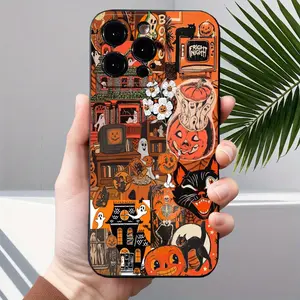 Halloween Pattern Straight Edge Phone Case for iPhone 17 Pro Max 16 Plus 15 14 13 12 11 Air E Shockproof Non Slip Military-Grade Protection Liquid Silicone Cover Smartphone Casing