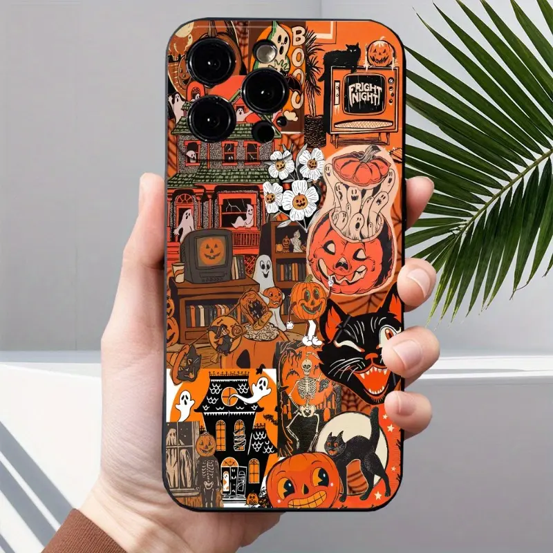 Halloween Pattern Straight Edge Phone Case for iPhone 17 Pro Max 16 Plus 15 14 13 12 11 Air E Shockproof Non Slip Military-Grade Protection Liquid Silicone Cover Smartphone Casing