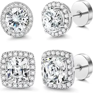 Halo Zircon Stud Set 4-Pack Round Square Hypoallergenic Copper Plated Jewelry Box Birthday Gifts Holiday Gifts Low Allergy Non Fading Easter Comfortable Wear Versatile Fashion