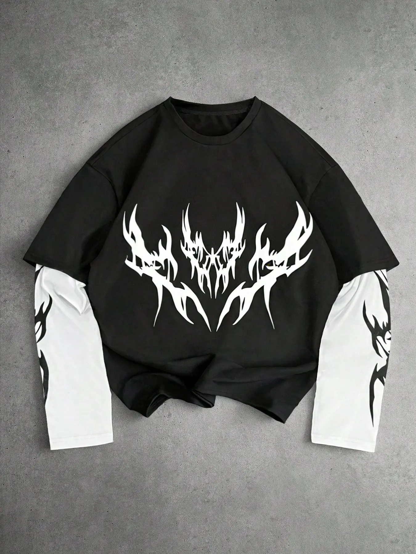 Unisex Gothic style Aesthetic T-shirt with Gothic runes and flame pattern print, Fitted, suitable for spring and autumn, features a faux two-piece design, perfect for streetwear, Y2K fashion, couple's outfits
