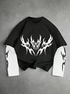 Unisex Gothic style Aesthetic T-shirt with Gothic runes and flame pattern print, Fitted, suitable for spring and autumn, features a faux two-piece design, perfect for streetwear, Y2K fashion, couple's outfits