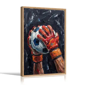Wall Art Painting  Soccer Ball In Goalkeeper Hands Canvas Print Poster Living Room Bedroom Home Office Match Party Sports Decor, with Wooden Floating Frame Size 18X24inch