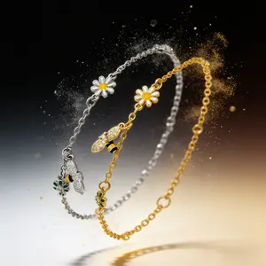 AELNEN Daisy & Bee Enamel Charm Bracelets - S925 Floral & Crystal Bee Dainty Bracelets - Colorful Spring-Inspired Jewelry