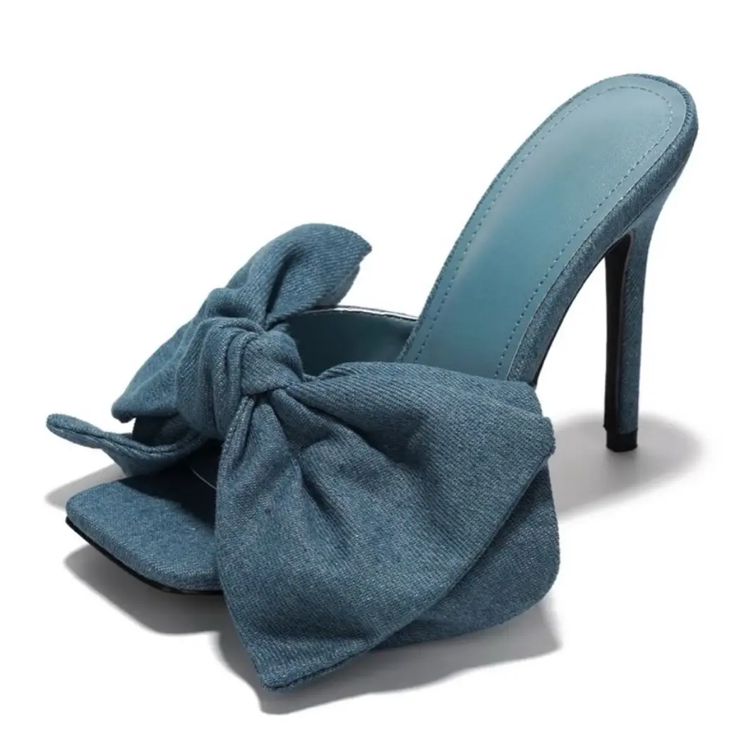 Women's Denim Bow Sandal Heels - Fashionable Girls' Shoes Classy High Heels Footwear Casual Design