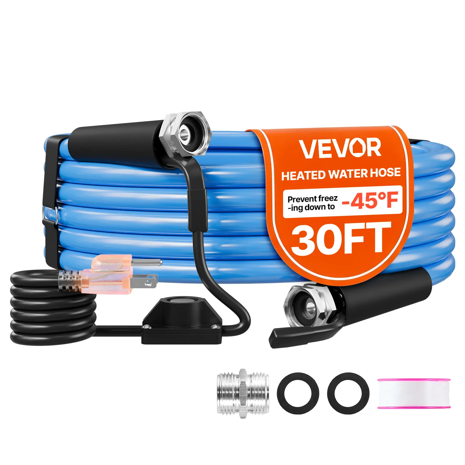 VEVOR 30FT Heated Water Hose for RV Antifreeze to -45°F Drinking Water Hose, 1/2" ID, Smooth Surface, Built-in Thermostat, Freeze & Leak-Proof, Lead and BPA Free, Fast Heating for RV Camping Garden