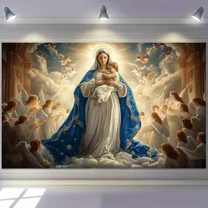 Contemporary Polyester Mother Mary with Jesus Tapestry- Universal Holiday Wall Hanging Decor for Christmas, New Year- Rectangle Shape, No Battery Needed, Hanging Mounting Method