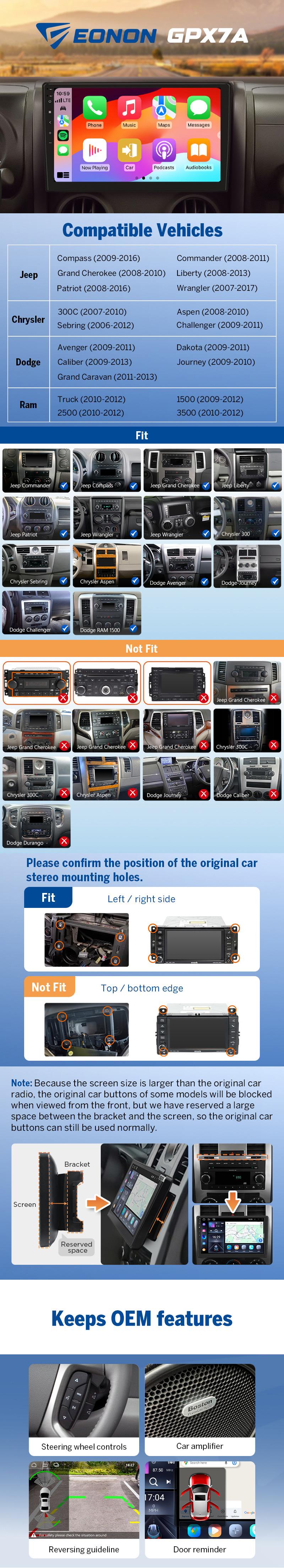 EONON Car Stereo for Jeep Chrysler Dodge Ram 1500 2500 3500, Wrangler, Wireless CarPlay & Android Auto Car Radio Touch screen, 10.1" Android 14 Car head unit, 4GB RAM, 64GB ROM, SWC, Bluetooth, GPS Navigation, Sub, Jumpstart Sale - GPX7A