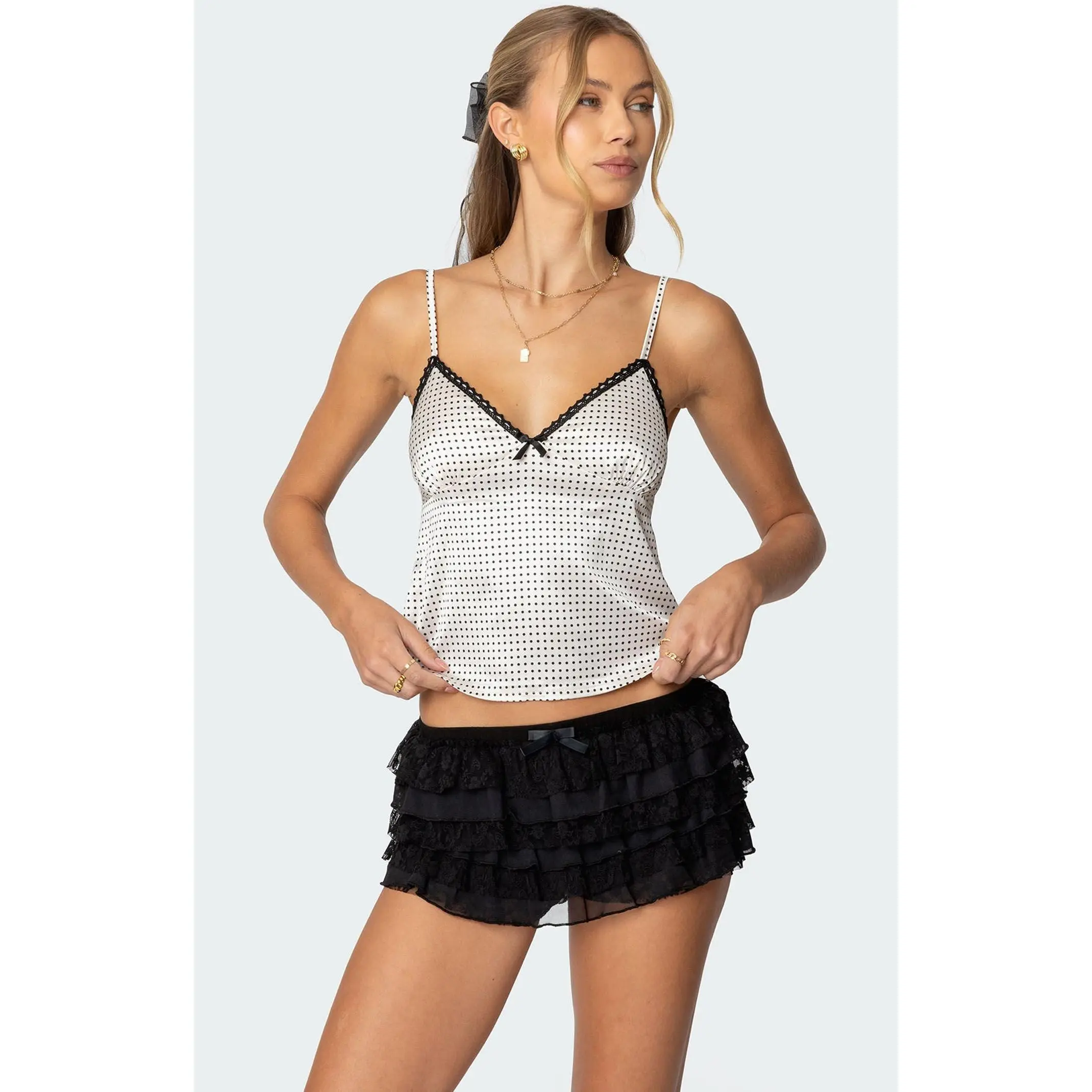 Edikted Women's Polka Dot Satin Lace Trim Top
