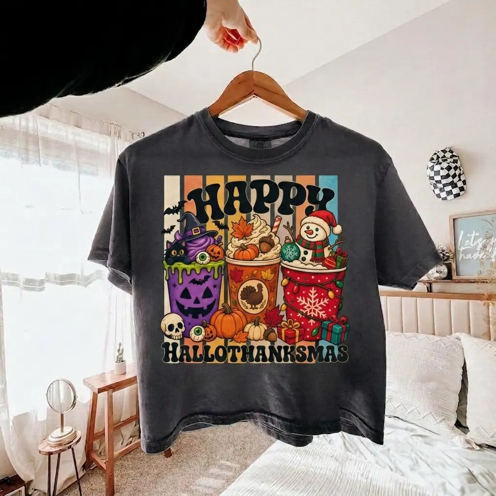 Happy Hallothankmas Boxy Tee, Women's Funny Crop Top, Fall Winter Clothes, Spooky Season Halloween Christmas Xmas Thanks Giving Clothing, Holiday Boxy Cropped T Shirt, Pumpkin Skull Witchy Cat Snowman Gothic Shirt