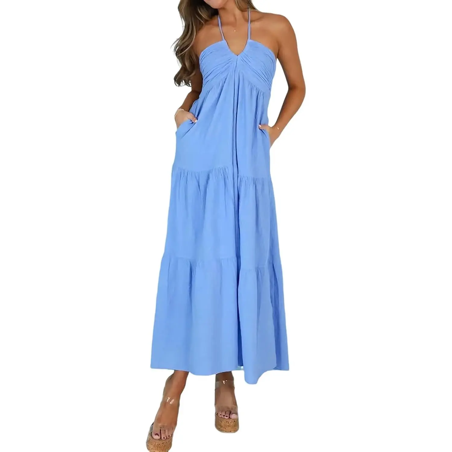 Women's Casual Halter Tiered Vacation Maxi Dress with Pockets - TikTok Shop Women's Casual Halter Tiered Vacation Maxi Dress with Pockets - TikTok Shop