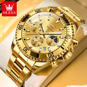 OLEVS Original Brand Golden Watch for Men Fashion Waterproof Luminous Quartz Wristwatch Analog Dress Stainless Steel Man Multifunctional Chronograph Watches 2870