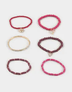 FULL TILT  Womens 6 Pack Beaded/Heart/Locket/Key Chain Bracelet, Pink