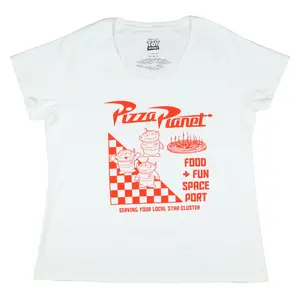 Disney Toy Story Alien Pizza Planet Food Fun Space Adult Short Sleeve Shirt Womens Plus Size Graphic Tee