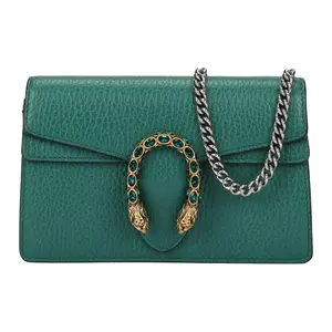 Gucci Dionysus Distressed Tiger-Head Clasp Chain Leather Crossbody Bag for Women, Ultra-Mini, Granny Green