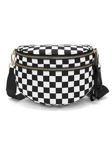women's fashionable checkerboard pattern zipper shoulder pack, checkered fanny pack, casual versatile crossbody bag for daily used, trendy all-match fanny bag, checkered bum bag