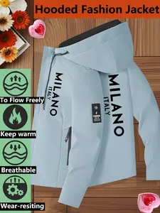 Women's Hooded Windbreaker Jacket Two Color Options MILANO Italy City Print Stylish Eye-catching Oversized Fit Slimming Design Trendy Casual Breathable Lightweight Comfortable Outerwear Perfect for Daily Wear, Travel & Street Style
