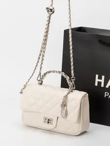 New Square Fat Bag for Women, Genuine Leather Shoulder Crossbody Small Perfume Wind Classic Chain Diamond Pattern Mini Bag