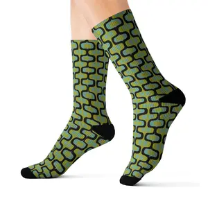 Mid Century Modern Style Comfort Socks, High Quality MCM Style Ribbed Tube Sock with Cushioned Bottoms, Vintage MCM Style Chartreuse-Turquoise-Black Unisex Socks