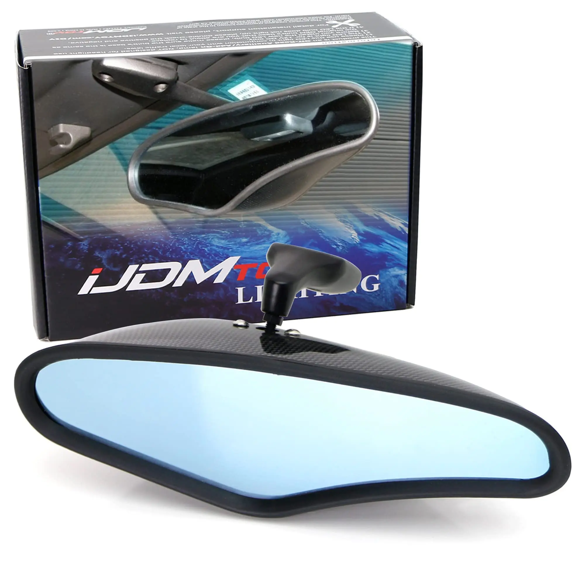 iJDMTOY Universal Fit Gloss Black Twill-Weave Carbon Fiber Pattern Exterior Finish Zoom Style Interior Rearview Mirrors w/Blue Tinted Glass (Brackets Included)