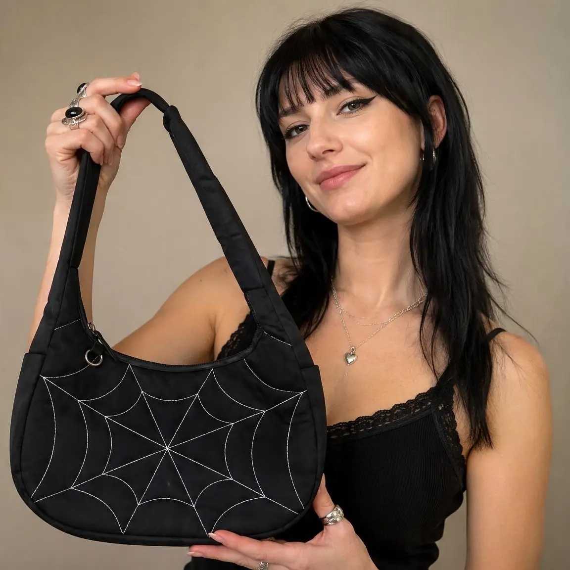 Spider Web Design Black Handbag with Unique Embroidery for Stylish Outfits
