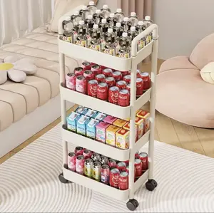 4 Tier Cart with Handlebar and Storage Rack, Floor-Standing, Multi-Layer Storage for Kitchen, Bathroom, Snacks, and Toiletries