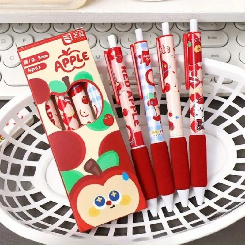 4/8pcs Adorable Apple Cartoon-Shaped Gel Ink Pens 0.5mm Fine Nib Black Ink Pens Cartoon Writing Pens Suitable for Girls and Boys Office & School Supplies Christmas & Valentine's Day Gifts Back-to-School Season Office Stationery