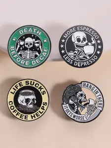 4-Pack Coffee Culture Dark Humor Badges Set, Skull Design Slang Pins for Coffee Lovers, Social Decor & Trendy Attitude Expression