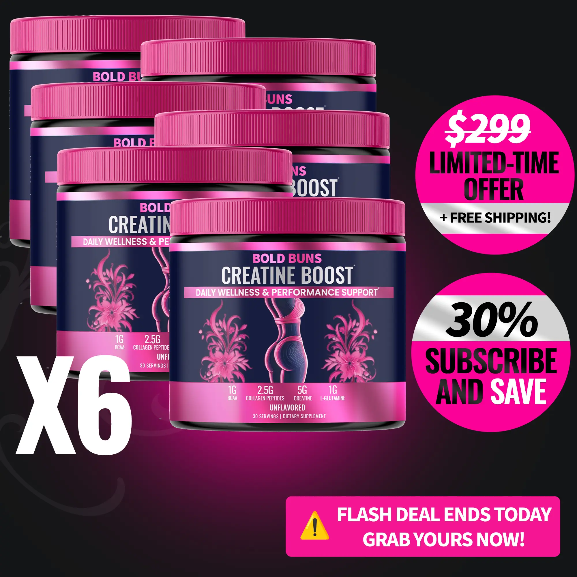 6 Pack | Bold Buns Creatine for Women – Build Strength, Support Skin Glow & Hair Heath, Recover Faster 6 Pack | Bold Buns Creatine for Women – Build Strength, Support Skin Glow & Hair Heath, Recover Faster