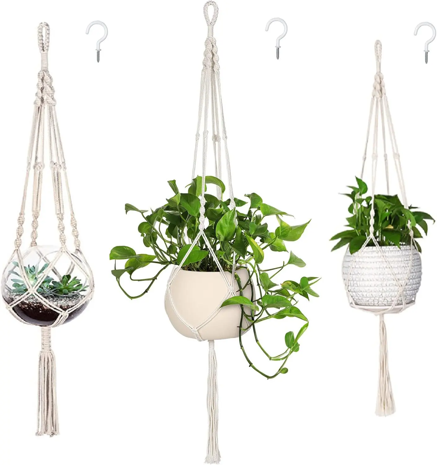 3 Pack Macrame Plant Hangers with Hooks | Boho Indoor Hanging Planters in Varying Sizes for Modern Home Décor – Ivory Rope Plant Holders (Pots Not Included)
