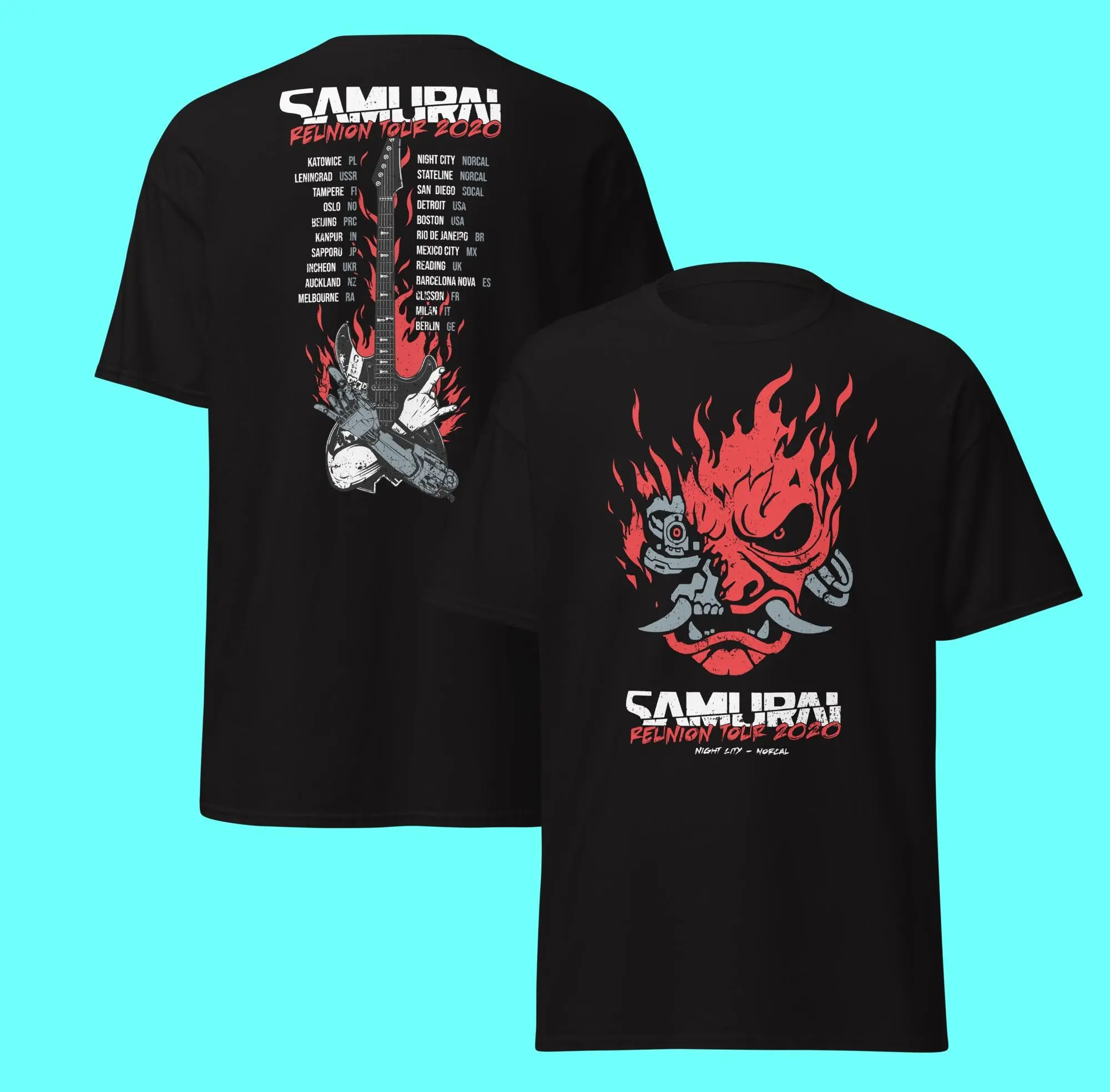 Samurai Reunion Tour Shirt With Tour Locations Classic Samurai Band Shirt Cyberpunk Samurai T-shirt/Sweatshirt/Hoodie 2 Sided Cotton Menswear Top