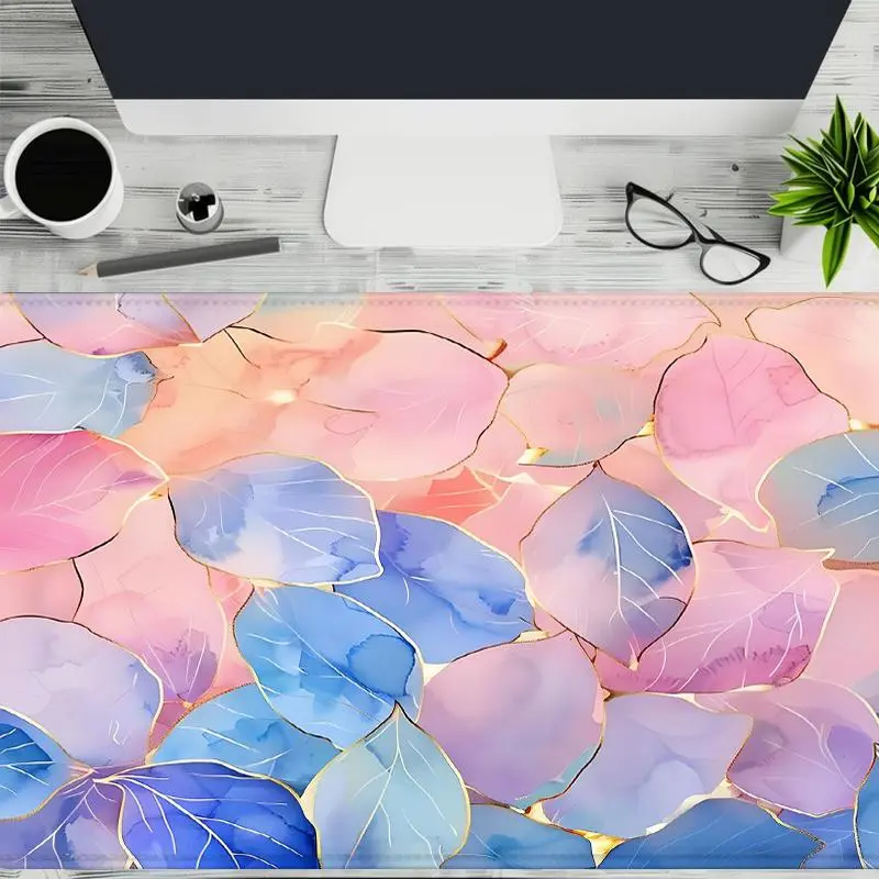Elegant Pastel Leaves Design Mouse Pad, 1 Count Rectangle Gaming Mouse Pad, Non-Slip Rubber Base Stitched Edge Desk Pad for Home Office Game Room, Computer Desk Mat, Aesthetic Desk Accessories, Desk Accessories, Desk Mat