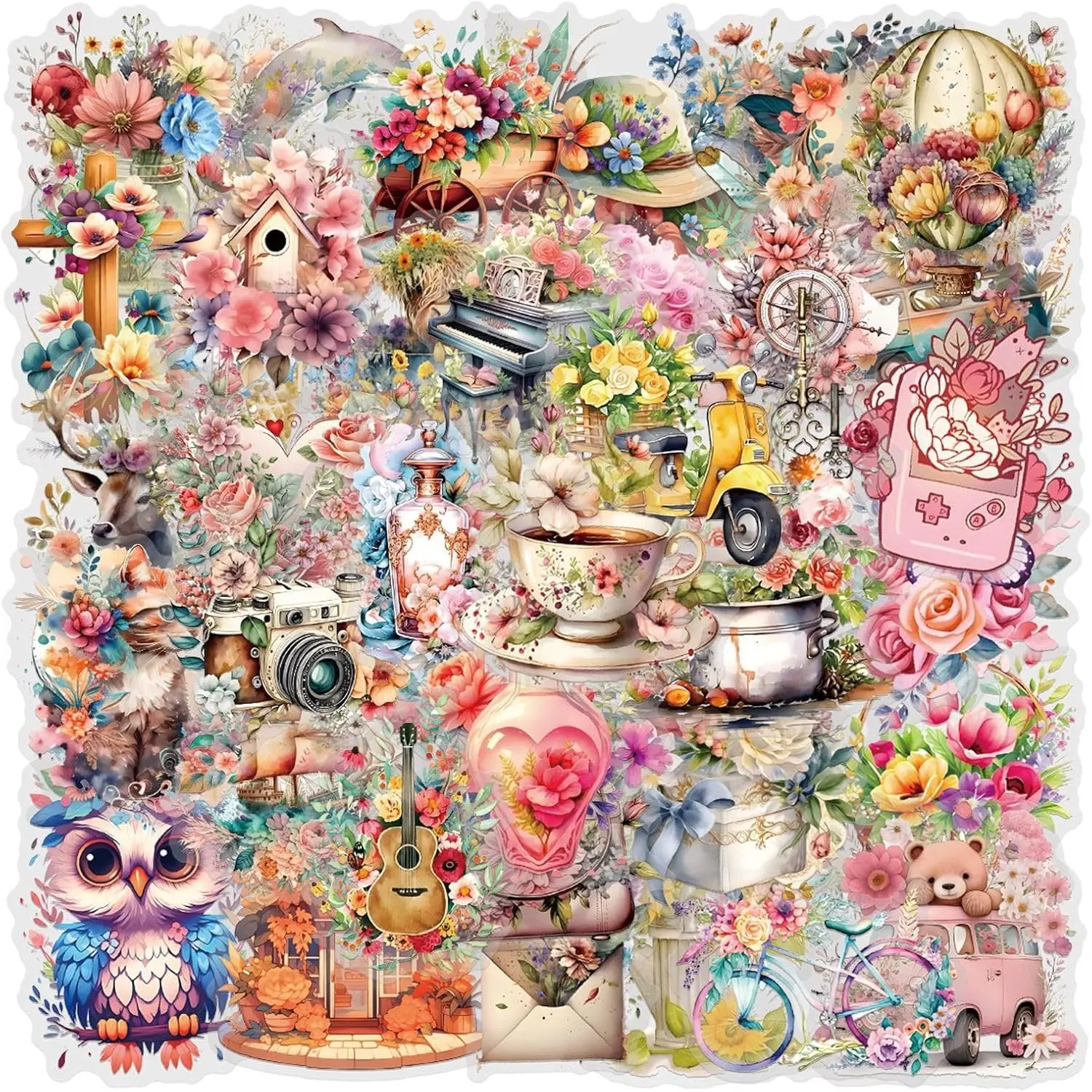 55Pcs Vintage Watercolor Floral Stickers,PET Transparent Flowers Sticker Waterproof Decorative Decals for Journaling, Decoupage, Planners, laptops, Phone Case, Gift & Card Making(Colourful-F1)