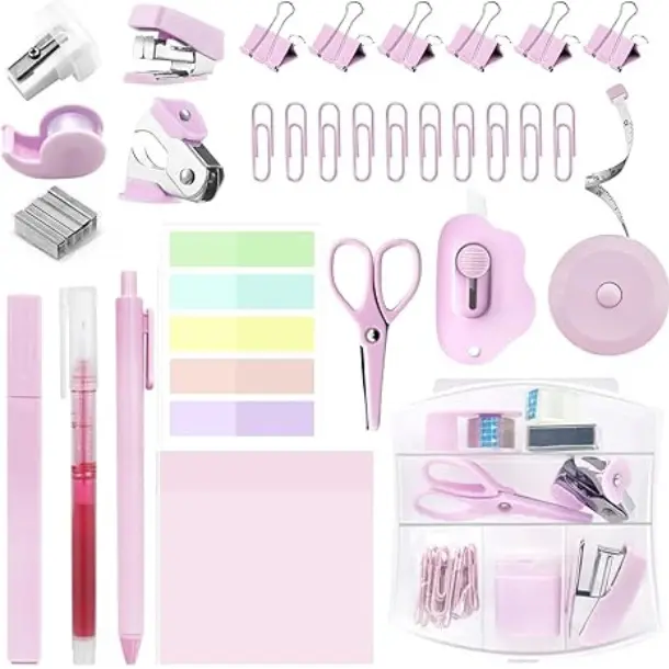 [New Deal] Mini School Supplies Kit, Pink Mini Stapler with Staples and Tape Dispenser Set, Mini Stationary Set Includes Sticky Notes Index Tabs Highlighters Gel Pens for Office & Back to School Supplies Art Materials, Classroom Supplies, Office Accessori