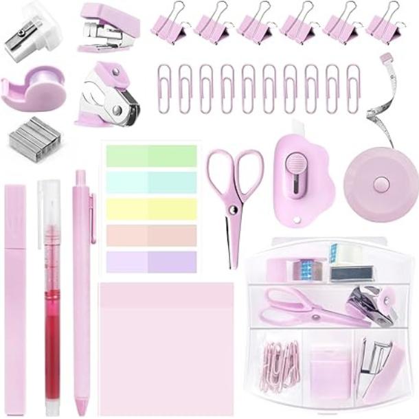 [New Deal] Mini School Supplies Kit, Pink Mini Stapler with Staples and Tape Dispenser Set, Mini Stationary Set Includes Sticky Notes Index Tabs Highlighters Gel Pens for Office & Back to School Supplies Art Materials