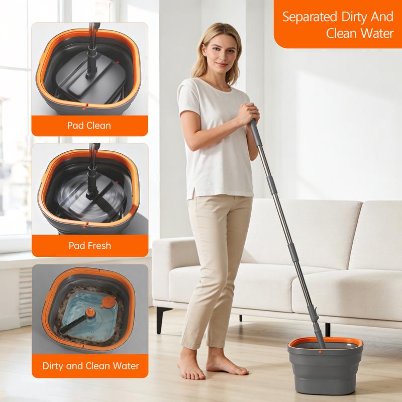 Mop and Bucket Set, Spin Mops with Separate Dirty and Clean Water, 6 Replaceable Mopping Pads with Foldable Buckets for Household Use Floor Cleaning