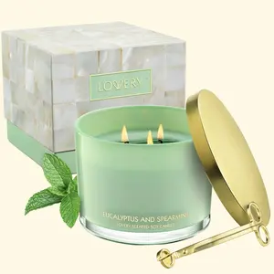 LoveryGifts Eucalyptus Spearmint 3 Wick Candle Set - 13oz Soy Wax Home Candle with Wick Trimmer